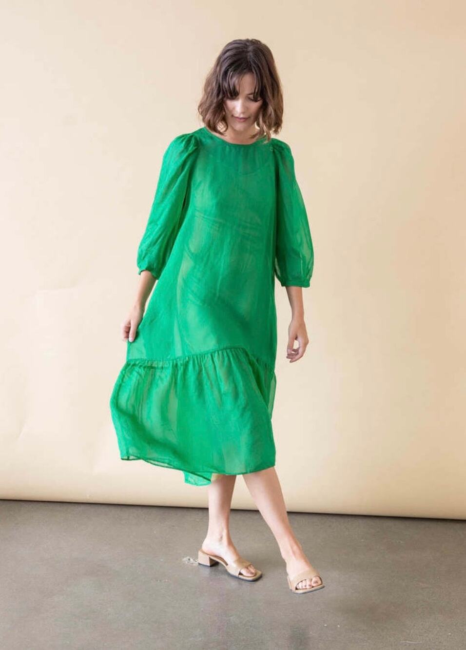 Ali Golden Peasant Dress Kelly Green Sheer Midi XS Sustainable Drop Waist